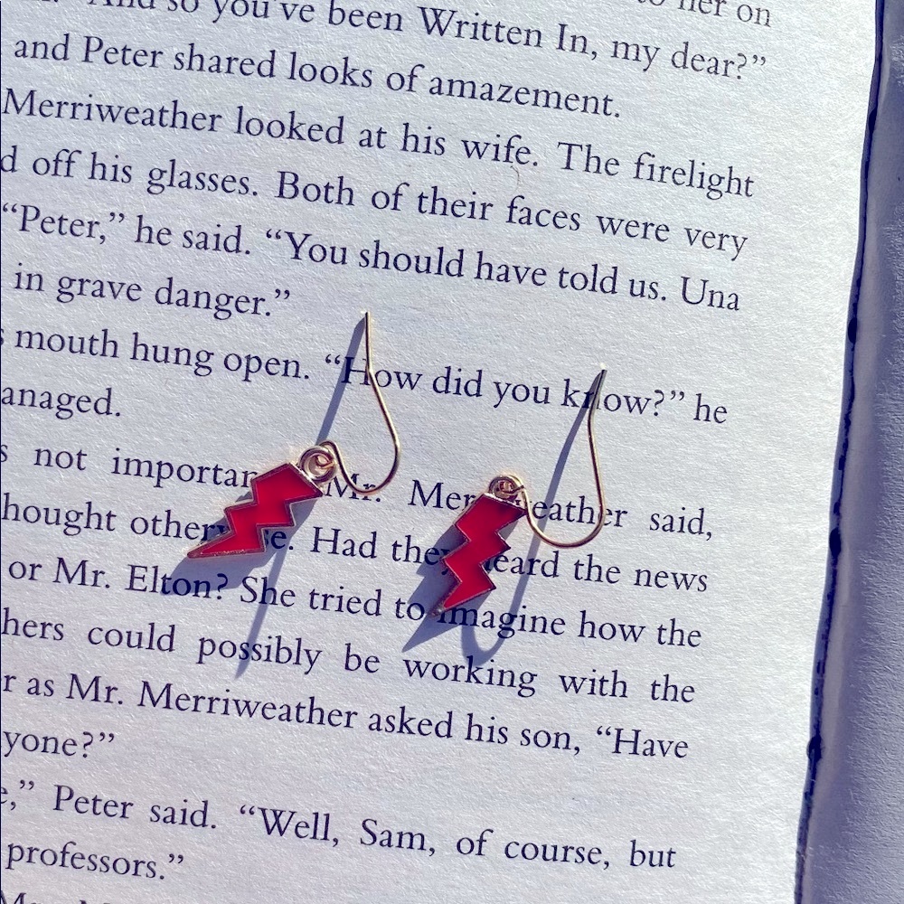 Gold hook red lightning bolt earrings